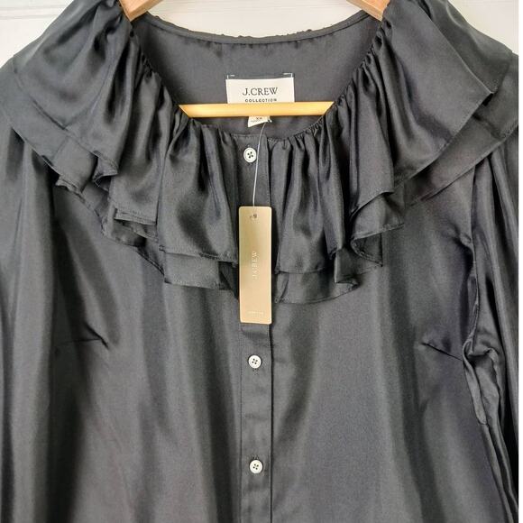 J.Crew Collection SZ XS Black Silk Twill Ruffle-Collar Top NWT - Picture 4 of 8